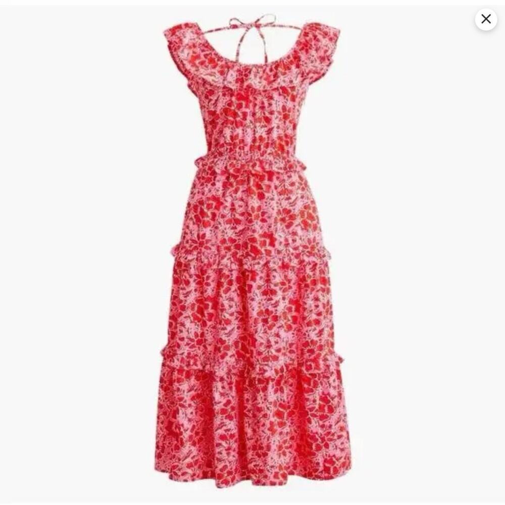 J.Crew Womens 14 Azalea Belvedere Ruffle Midi Dress Red Pink Floral Valentine's